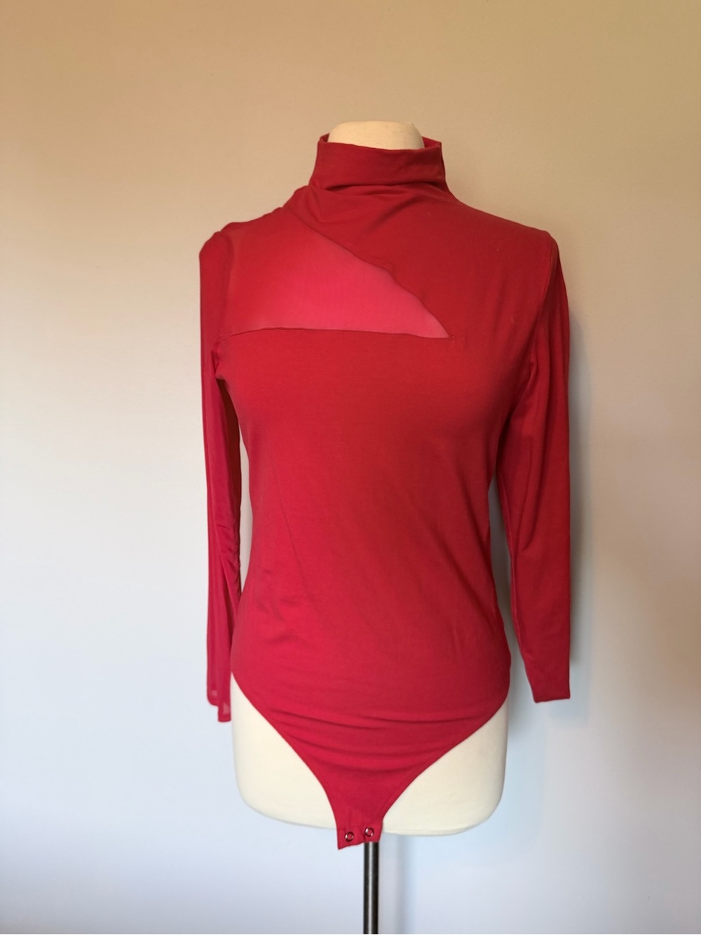 Express Red Long-Sleeve Mock Neck Bodysuit with Cutout